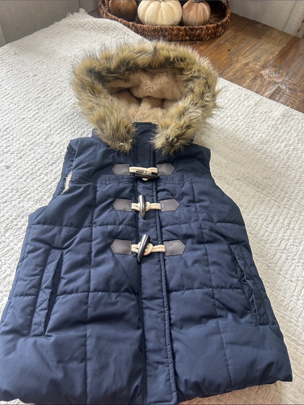Faux-Fur Trim Navy Quilted Puffer Vest